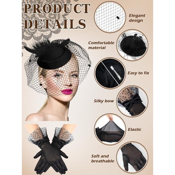 Women’s 50s Fascinators Feather Pillbox Hat Lace Gloves for Weddings Parties - Picture 5 of 7